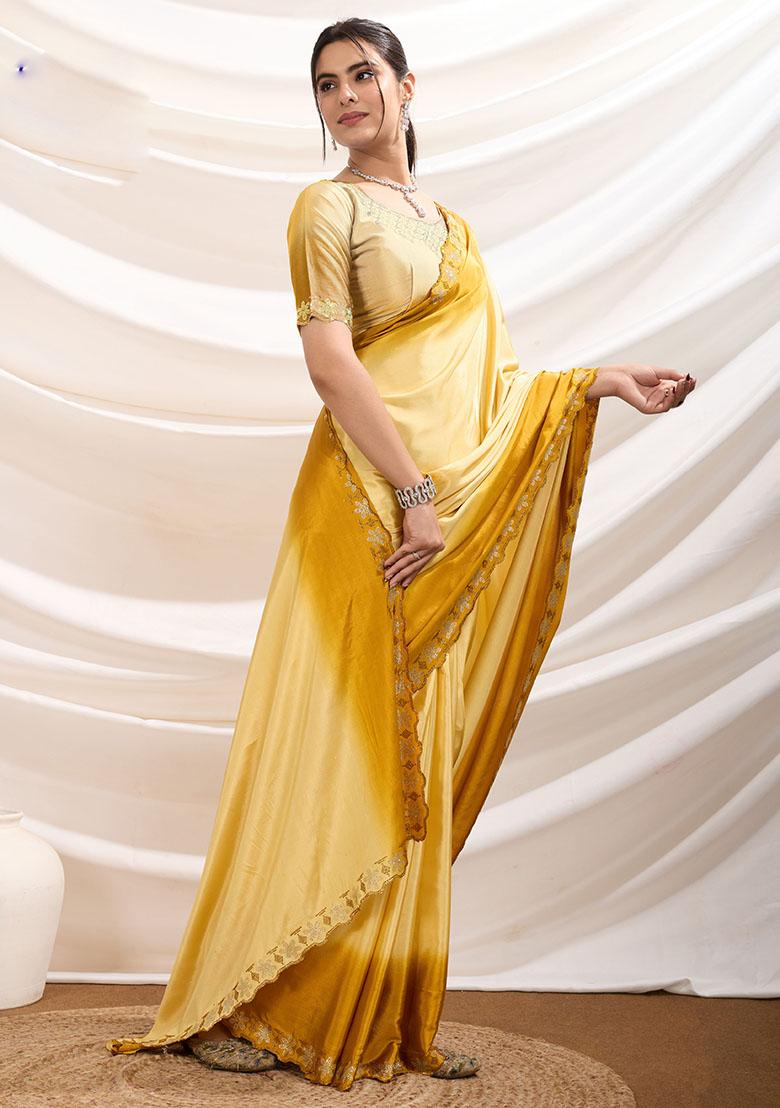 Yellow Embroidered Crepe Saree Set
