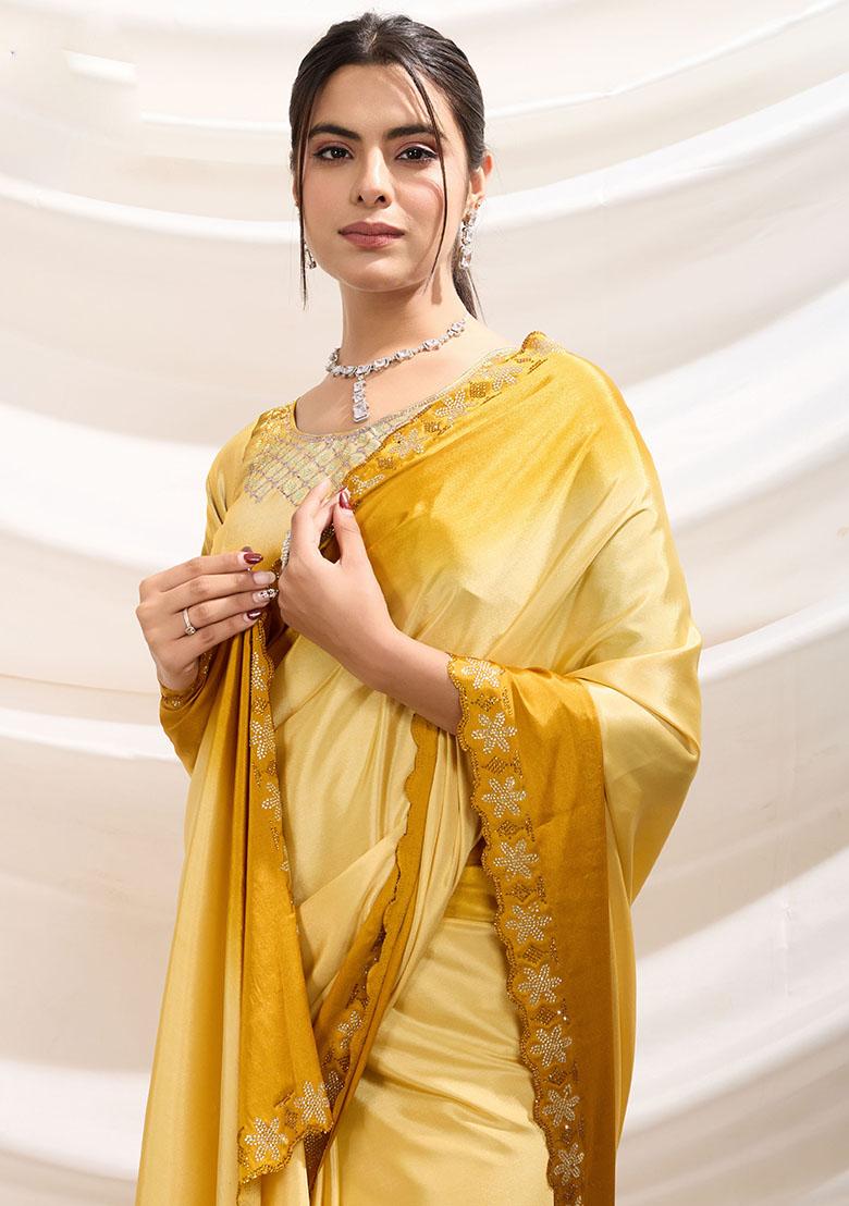 Yellow Embroidered Crepe Saree Set