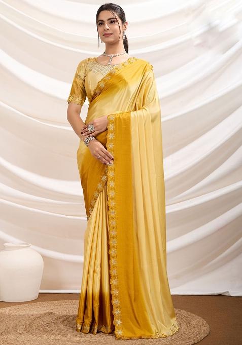 Yellow Embroidered Crepe Saree Set