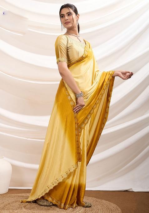 Yellow Embroidered Crepe Saree Set