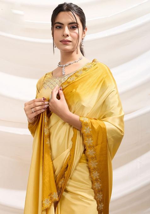 Yellow Embroidered Crepe Saree Set
