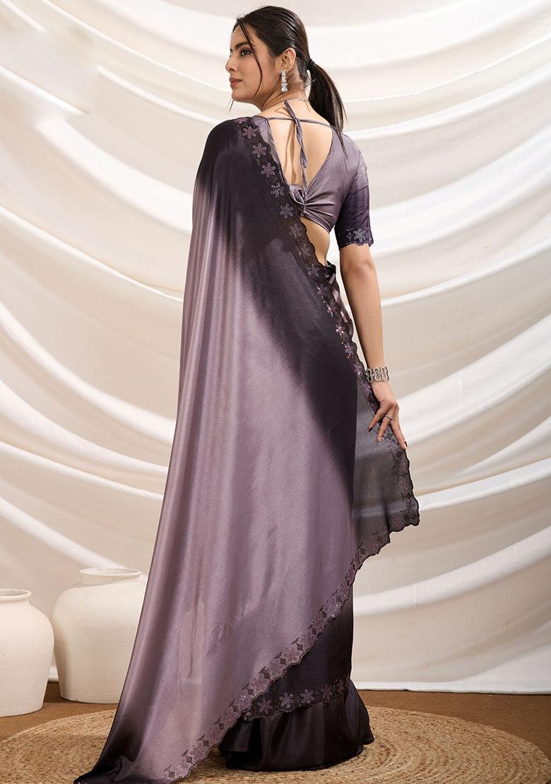 Purple Embroidered Crepe Saree Set - Indya