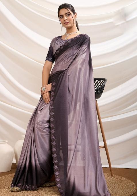 Purple Embroidered Crepe Saree Set