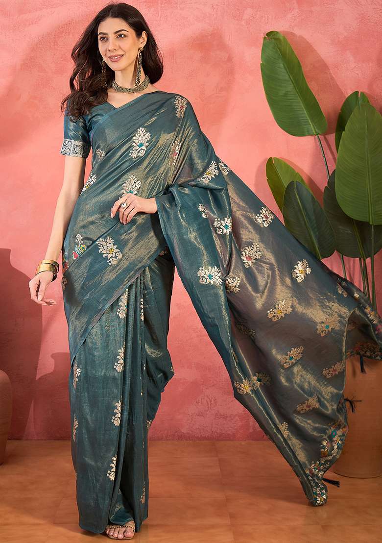 Blue Embroidered Silk Blend Saree Set - Indya