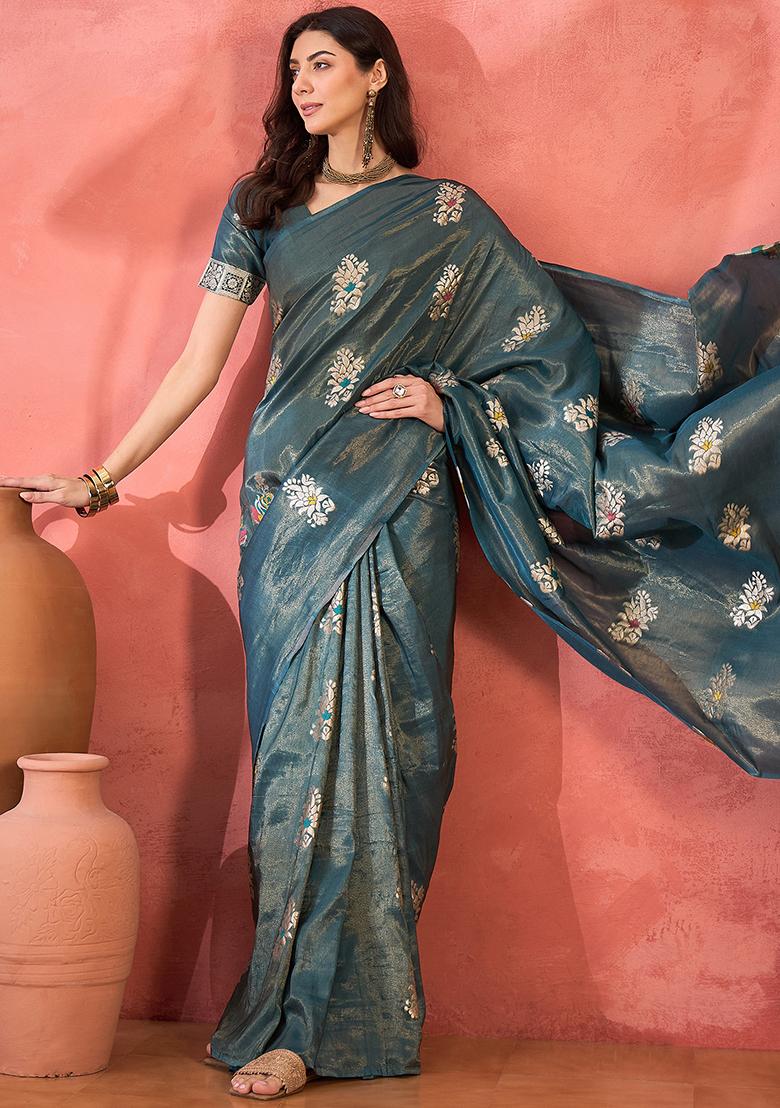Blue Embroidered Silk Saree Set - Indya