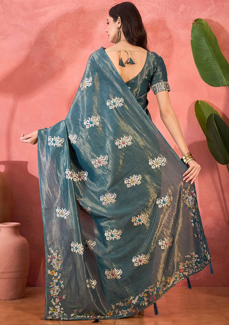 Blue Embroidered Silk Blend Saree Set - Indya