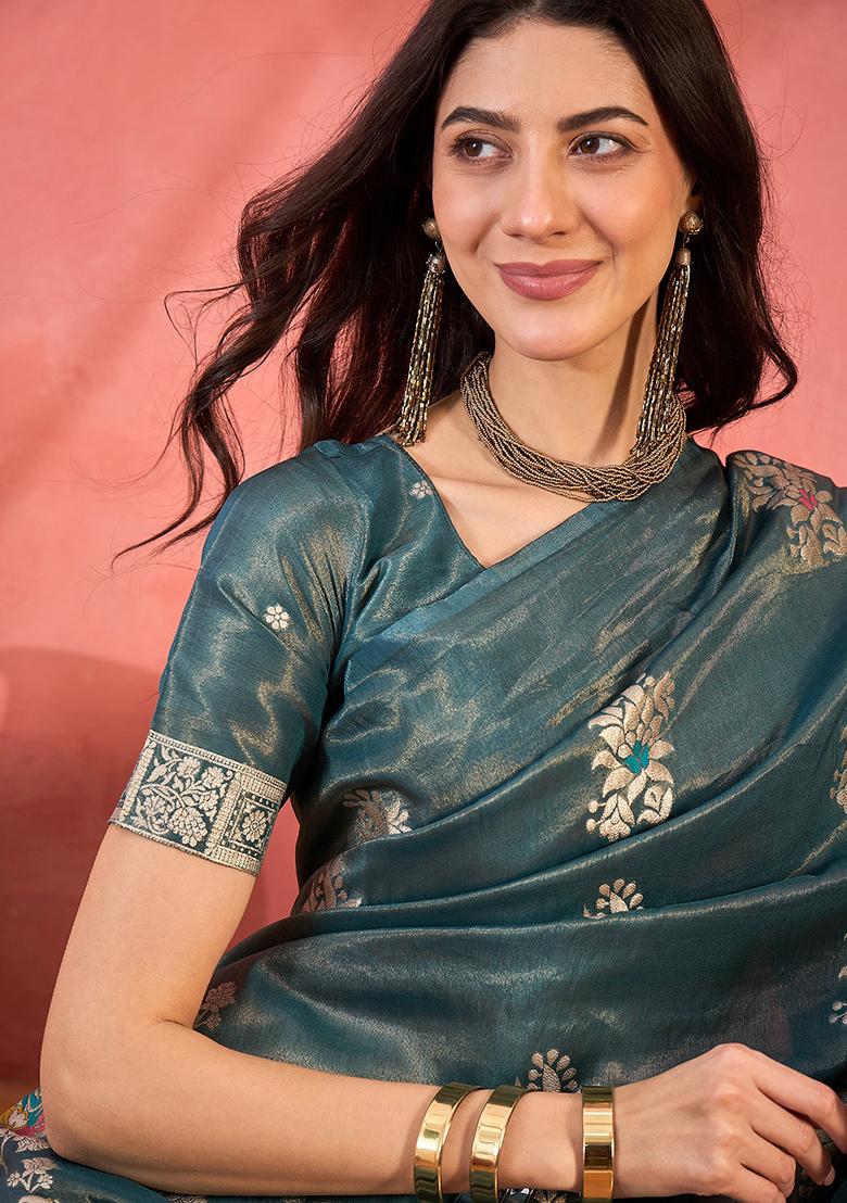 Blue Embroidered Silk Saree Set - Indya