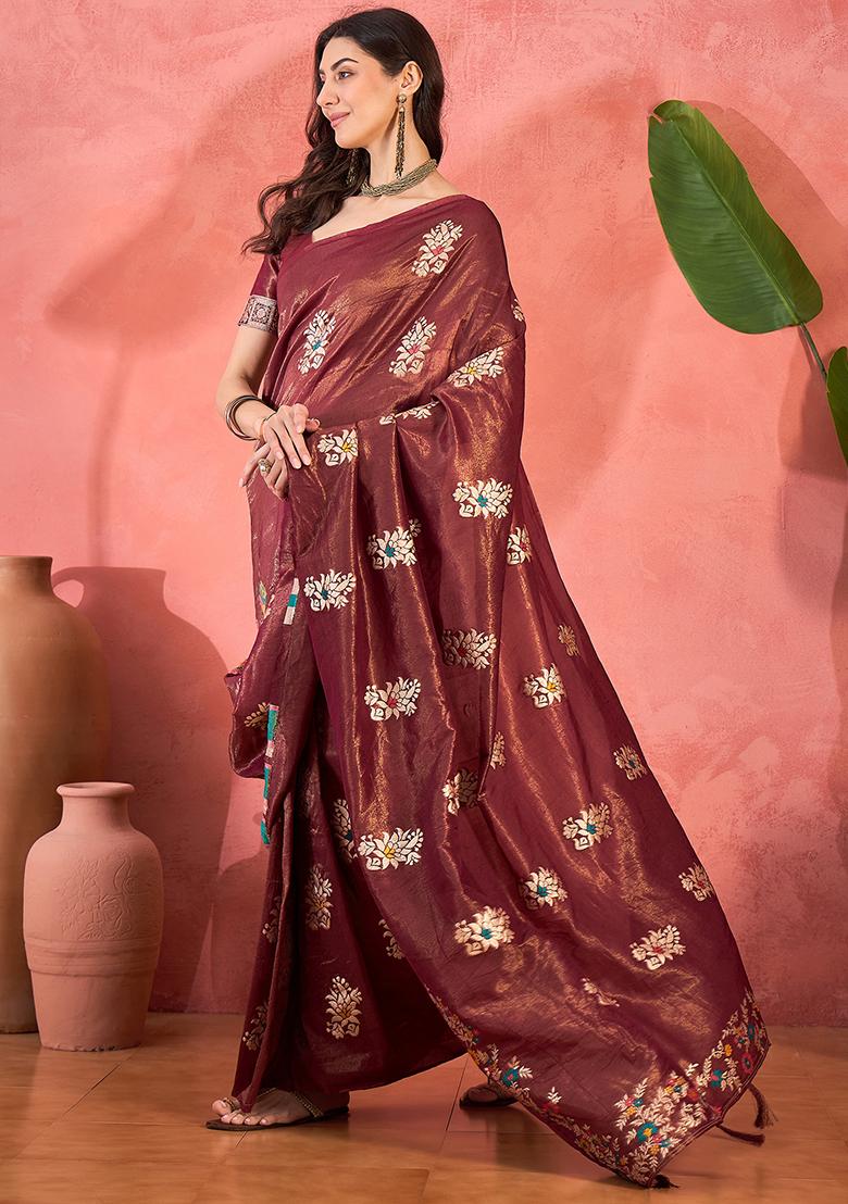 Maroon Embroidered Silk Saree Set - Indya