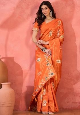 Orange Embroidered Silk Saree Set