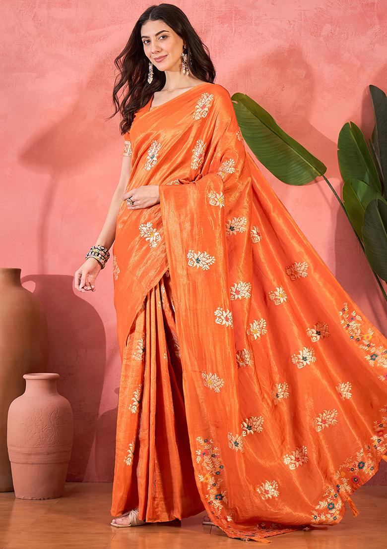 Orange Embroidered Silk Saree Set - Indya