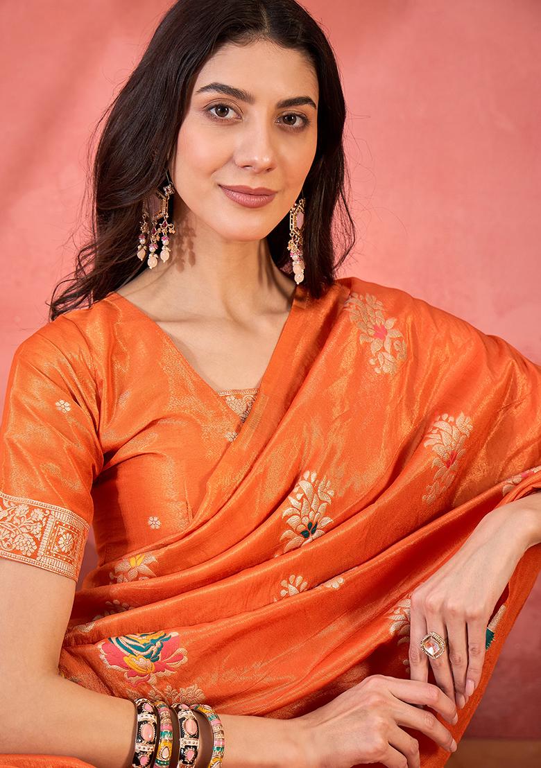 Orange Embroidered Silk Saree Set - Indya