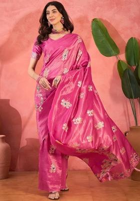 Pink Embroidered Silk Saree Set