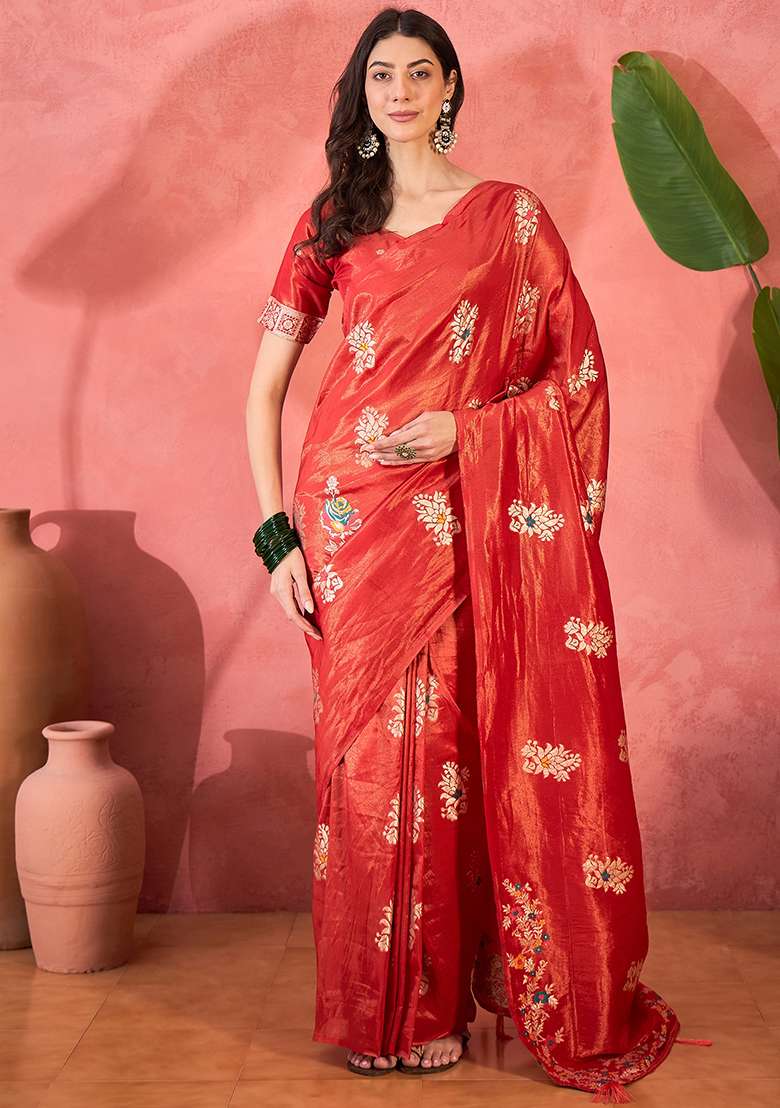 Red Embroidered Silk Blend Saree Set - Indya
