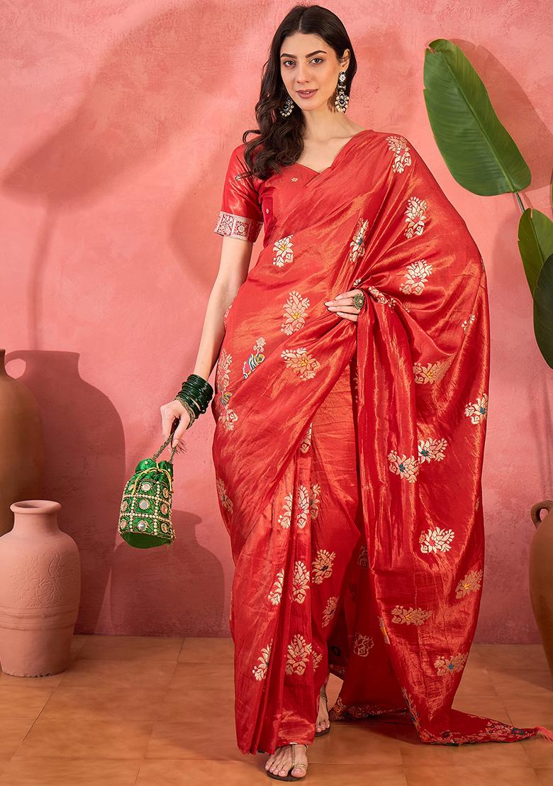 Red Embroidered Silk Saree Set - Indya