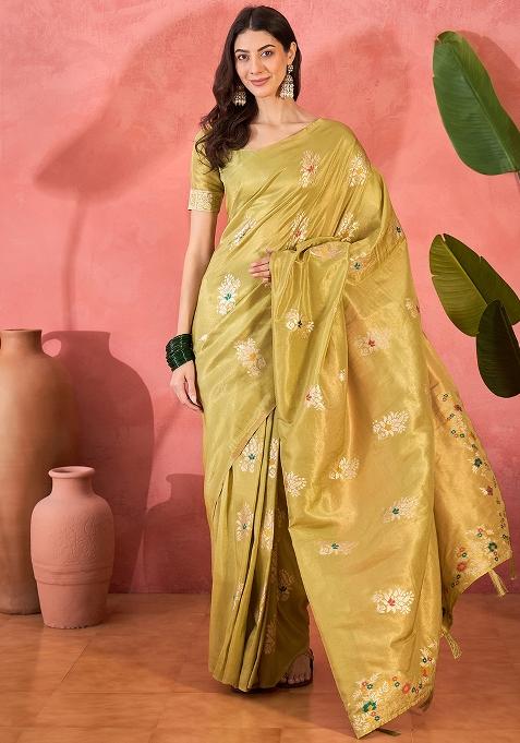 Yellow Embroidered Silk Saree Set