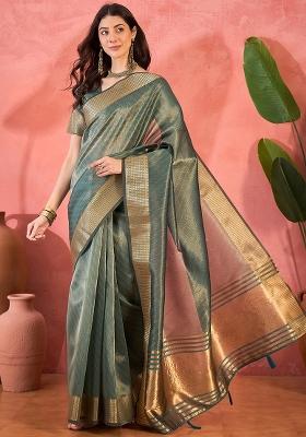 Blue Embroidered Organza Saree Set