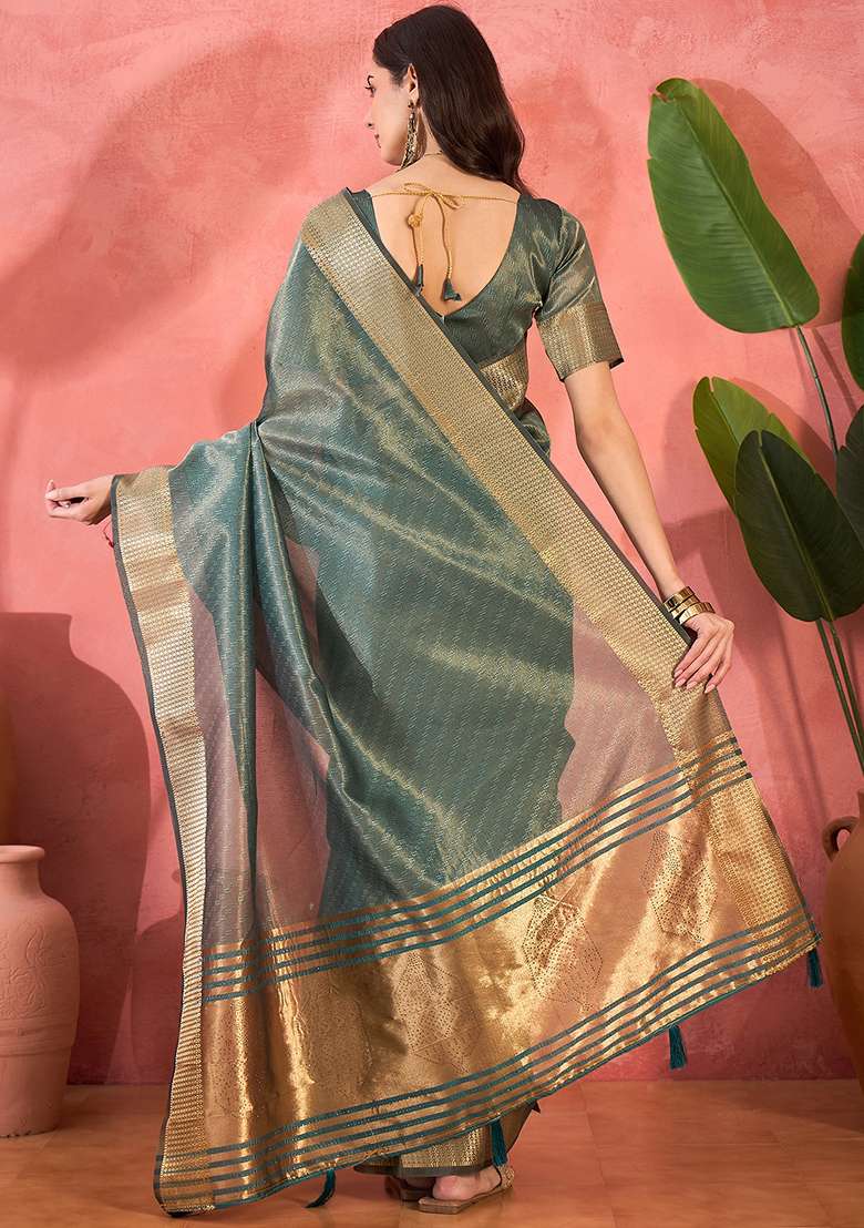 Blue Embroidered Organza Saree Set - Indya