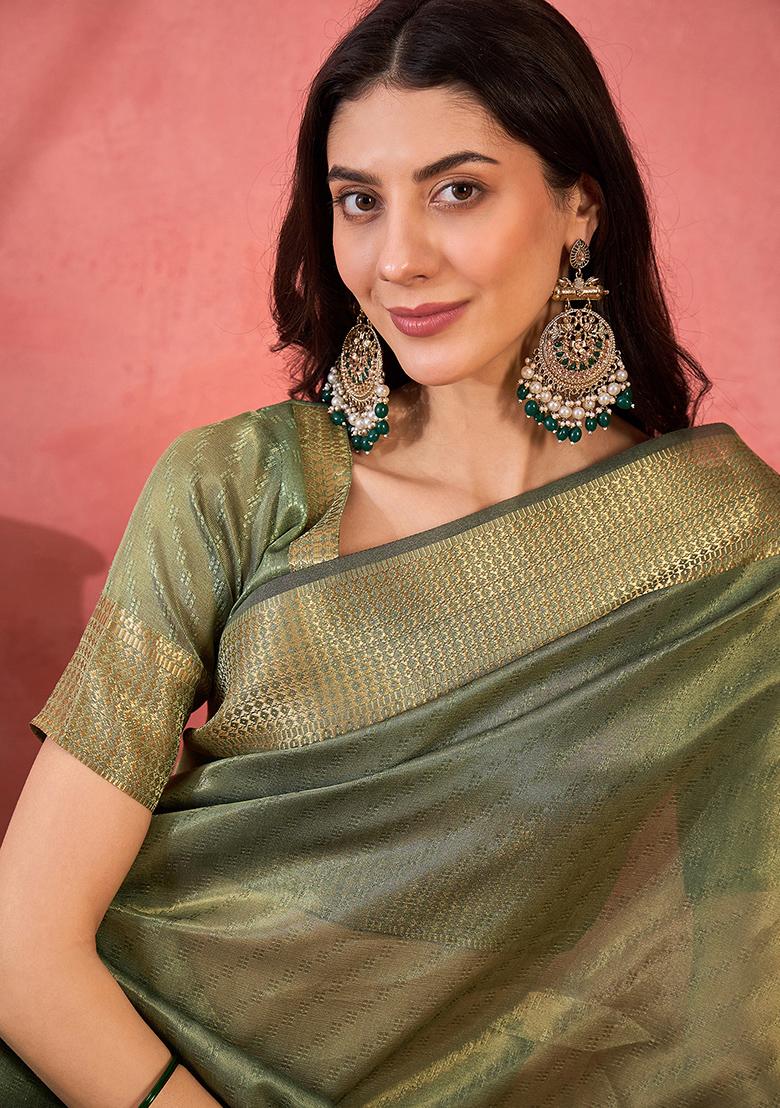 Green Embroidered Organza Saree Set - Indya