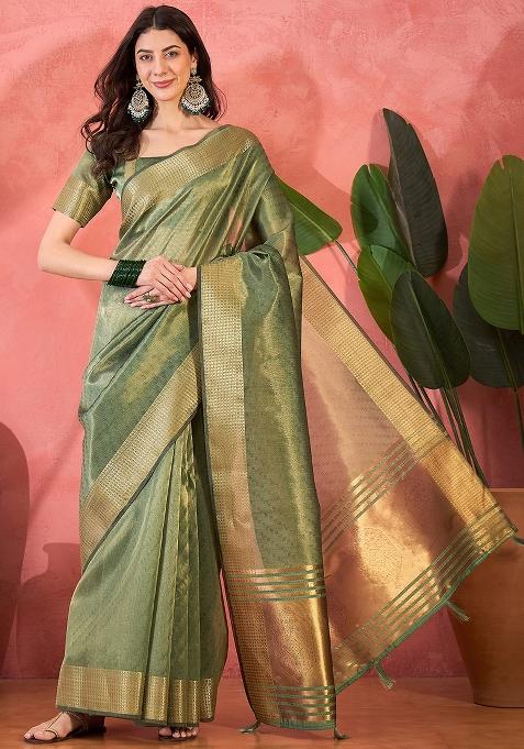 Green Embroidered Organza Saree Set