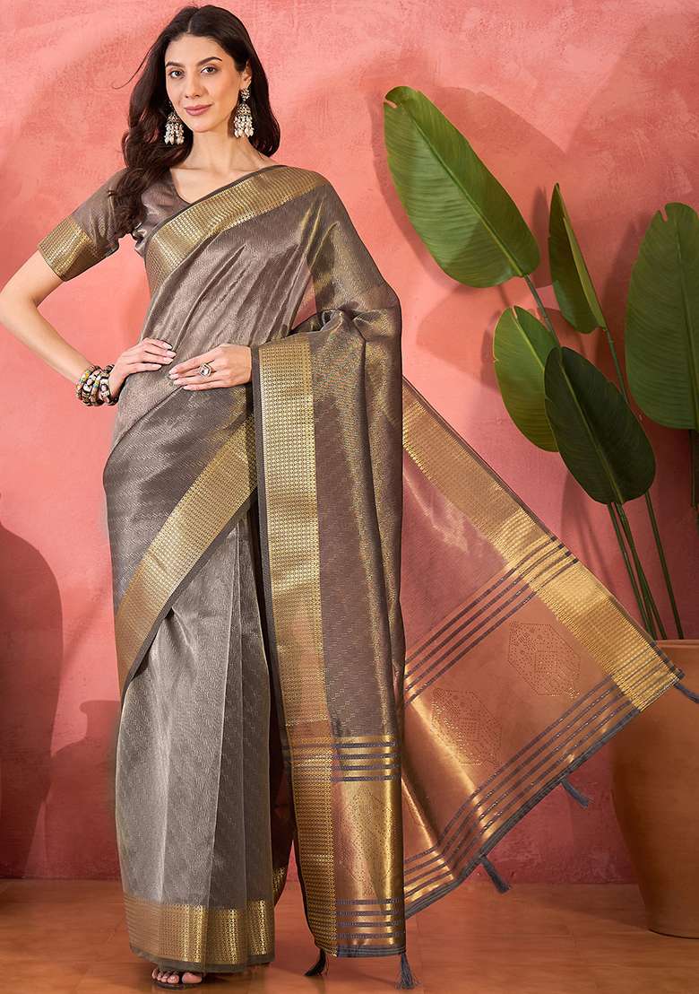 Grey Embroidered Organza Saree Set - Indya