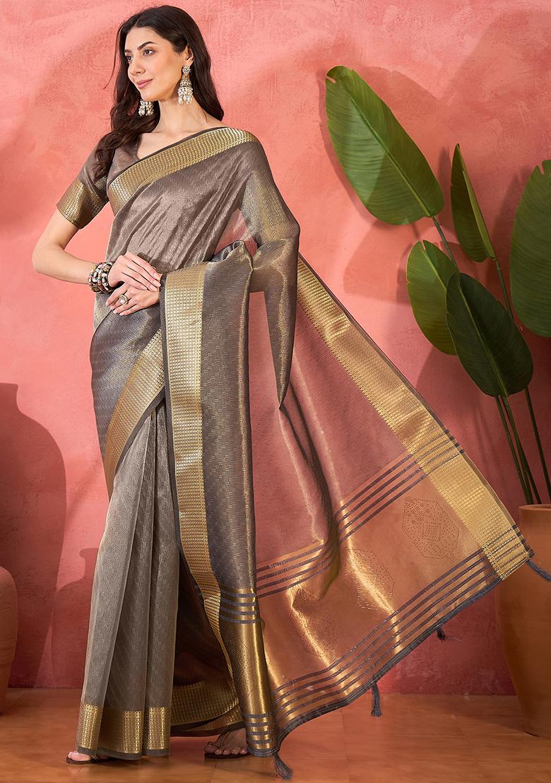 Grey Embroidered Organza Saree Set - Indya