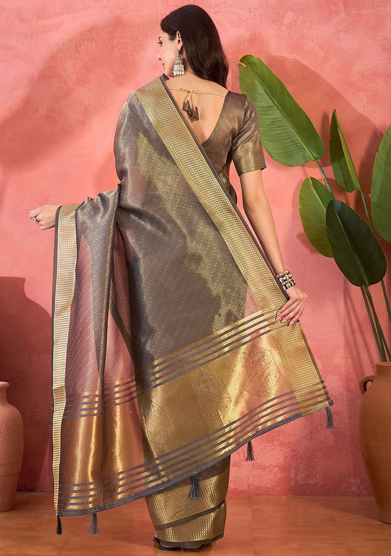 Grey Embroidered Organza Saree Set - Indya