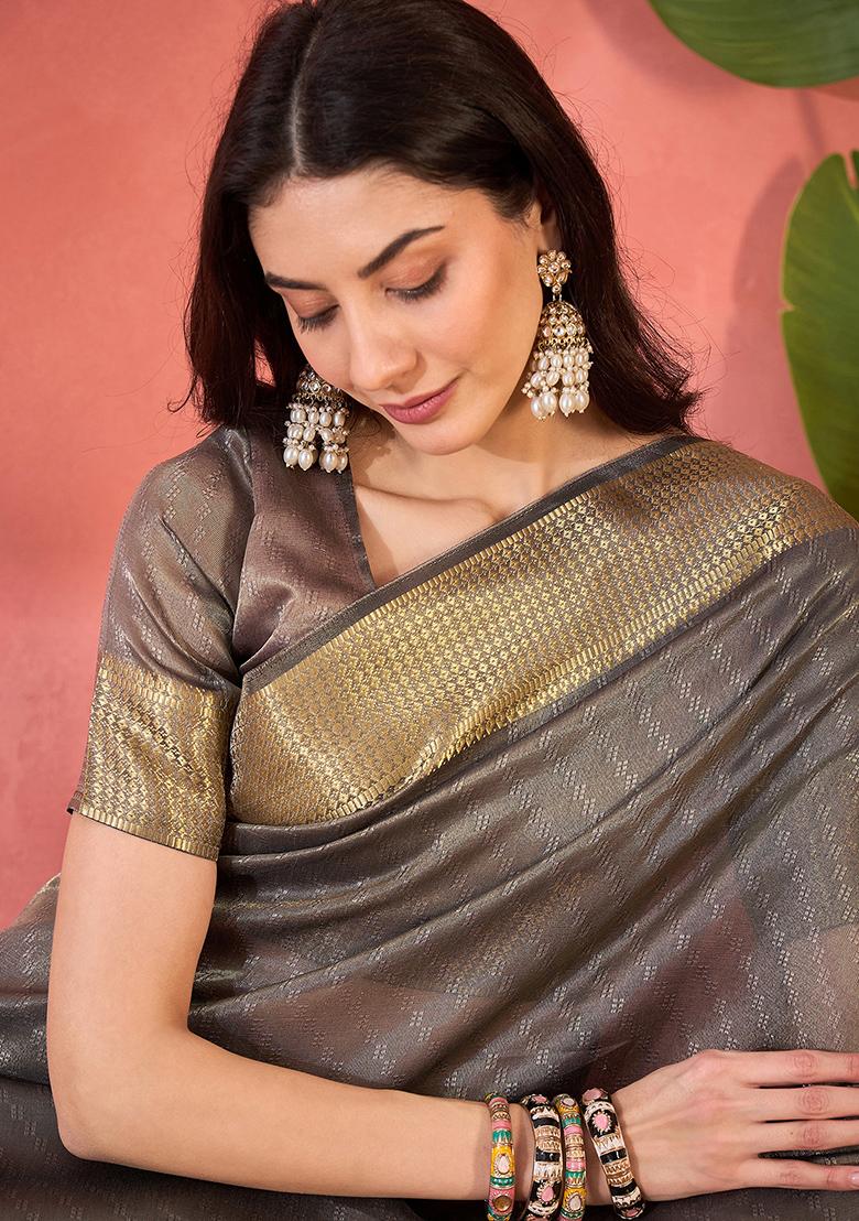 Grey Embroidered Organza Saree Set - Indya