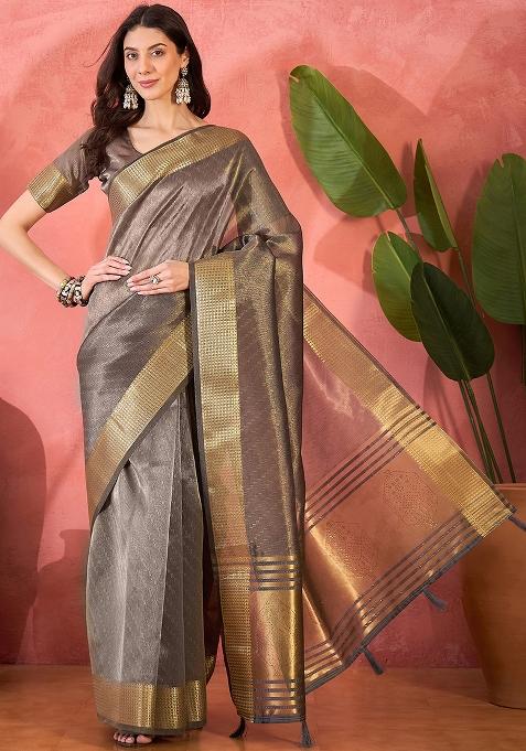 Grey Embroidered Organza Saree Set