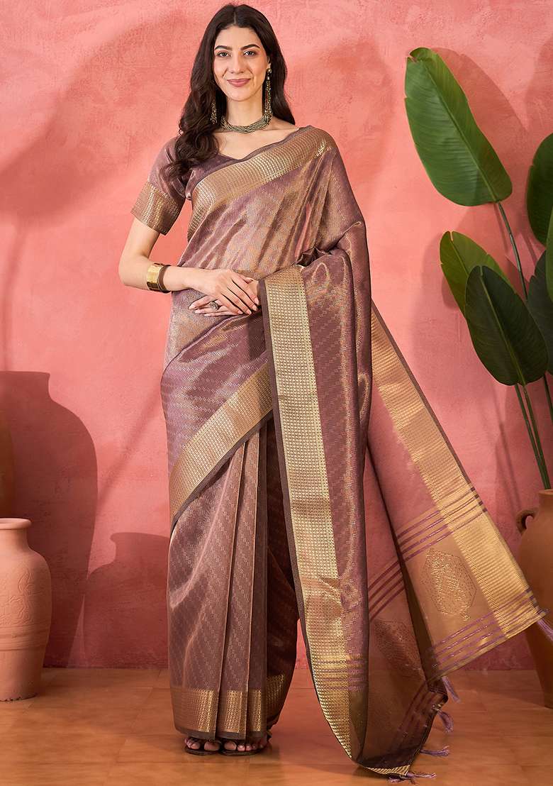 Purple Embroidered Organza Saree Set - Indya