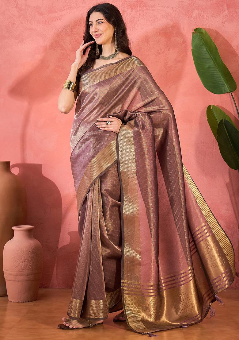 Purple Embroidered Organza Saree Set - Indya
