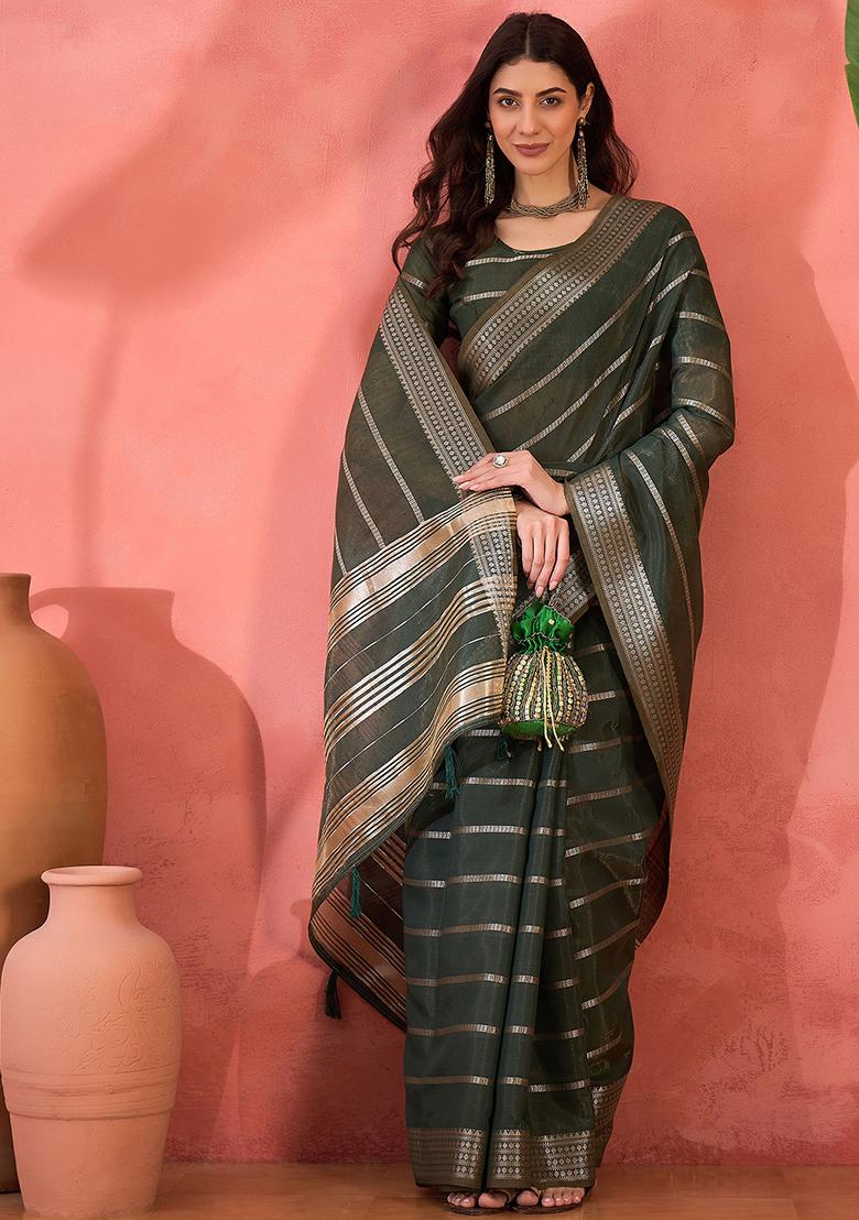 Green Embroidered Organza Saree Set - Indya
