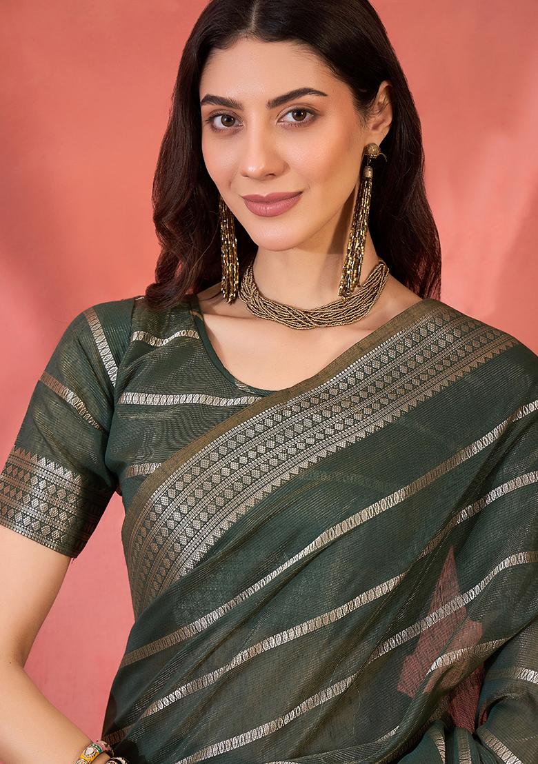 Green Embroidered Organza Saree Set - Indya
