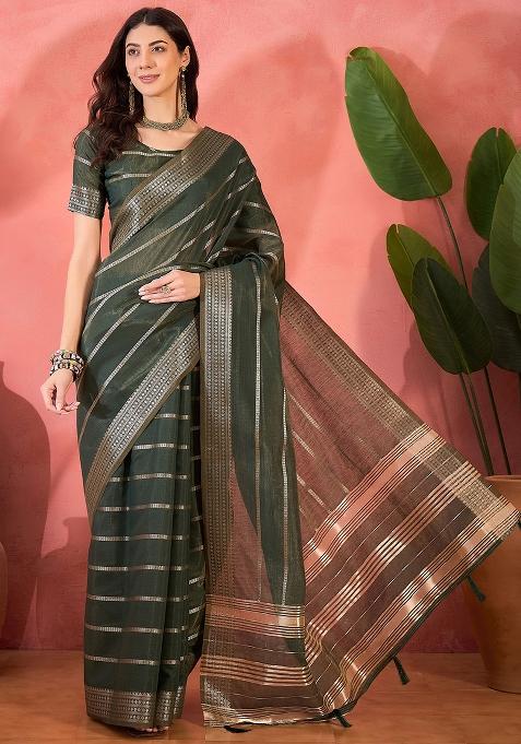 Green Embroidered Organza Saree Set