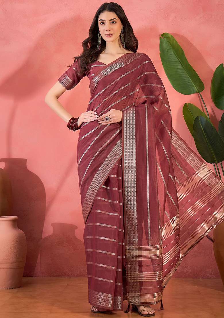 Maroon Embroidered Organza Saree Set - Indya
