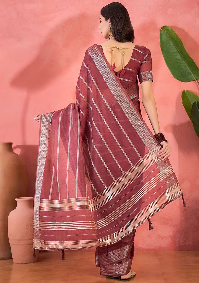Maroon Embroidered Organza Saree Set - Indya