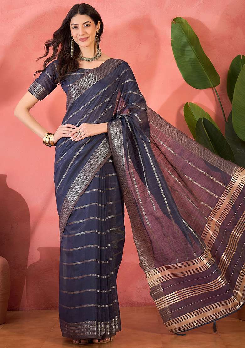 Blue Embroidered Organza Saree Set - Indya