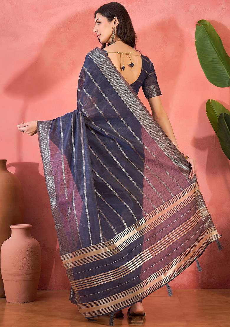Blue Embroidered Organza Saree Set - Indya
