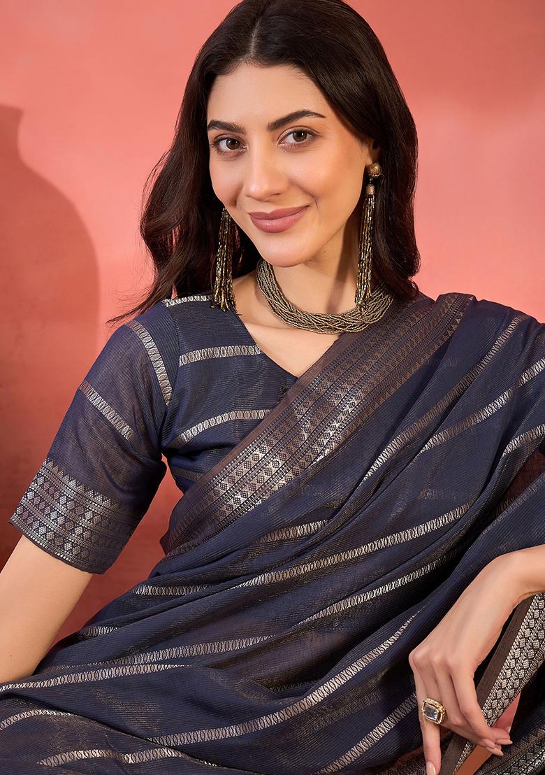 Blue Embroidered Organza Saree Set - Indya