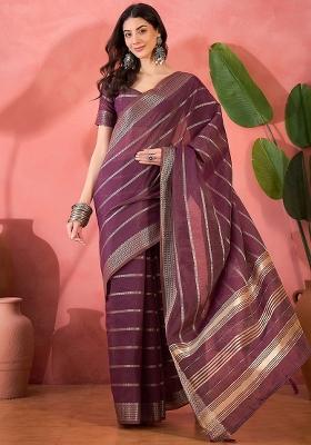 Purple Embroidered Organza Saree Set