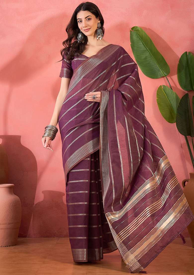 Purple Embroidered Organza Saree Set - Indya