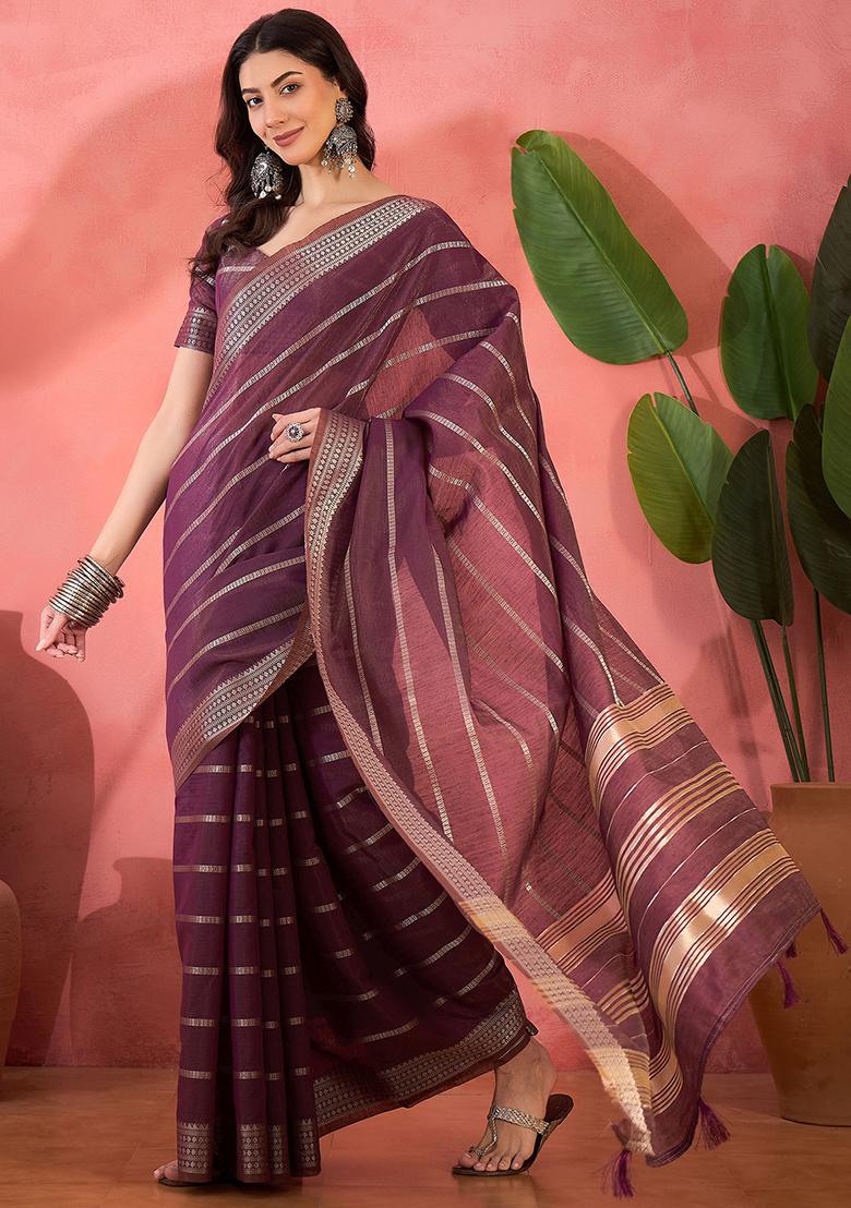 Purple Embroidered Organza Saree Set - Indya