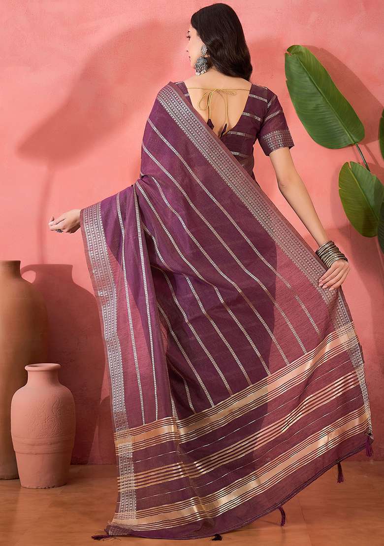 Purple Embroidered Organza Saree Set - Indya