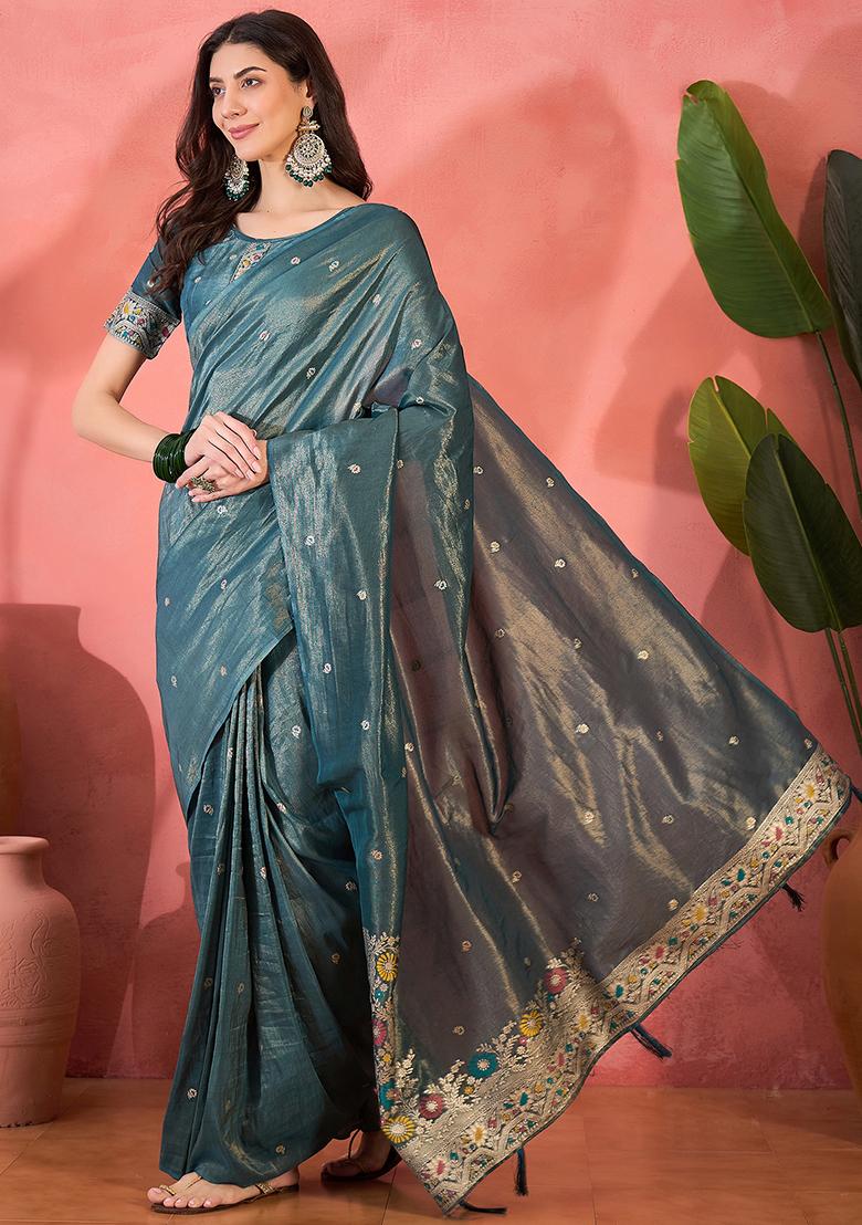 Blue Embroidered Silk Saree Set - Indya
