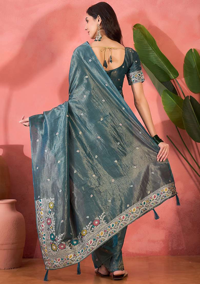 Blue Embroidered Silk Saree Set - Indya