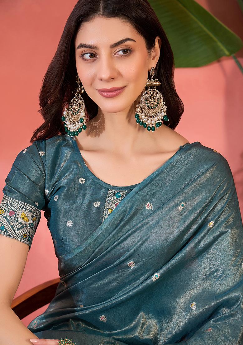 Blue Embroidered Silk Saree Set - Indya