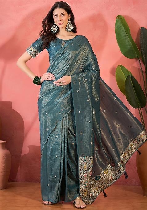 Blue Embroidered Silk Saree Set