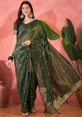 Green Embroidered Silk Saree Set