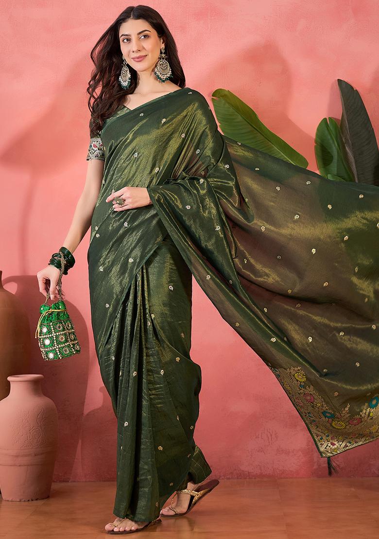 Green Embroidered Silk Saree Set - Indya