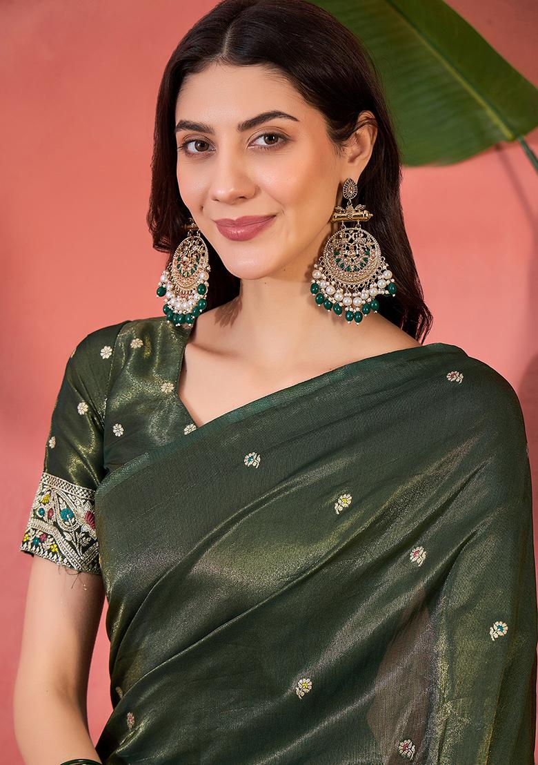 Green Embroidered Silk Saree Set - Indya