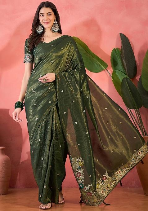 Green Embroidered Silk Saree Set